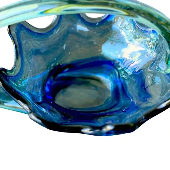 Vintage Murano Style Handblown Glass Cornucopia Basket Blue Green Swirl Decor - Picture 5 of 6